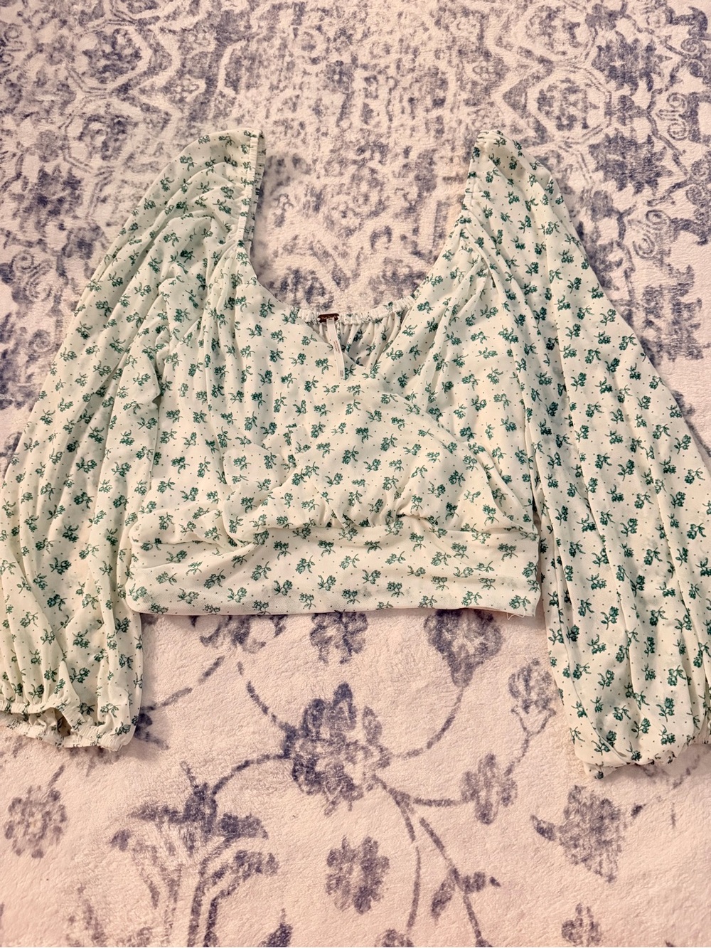 Free People Mint Green Floral Puff Sleeve Crop Top